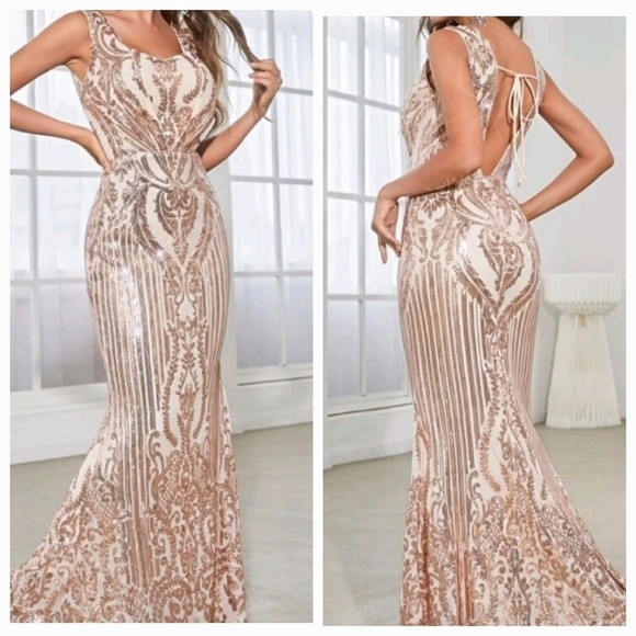 Champagne party floral square neck, Backless, Tie Back Sequined Mermaid… - Picture 1 of 11